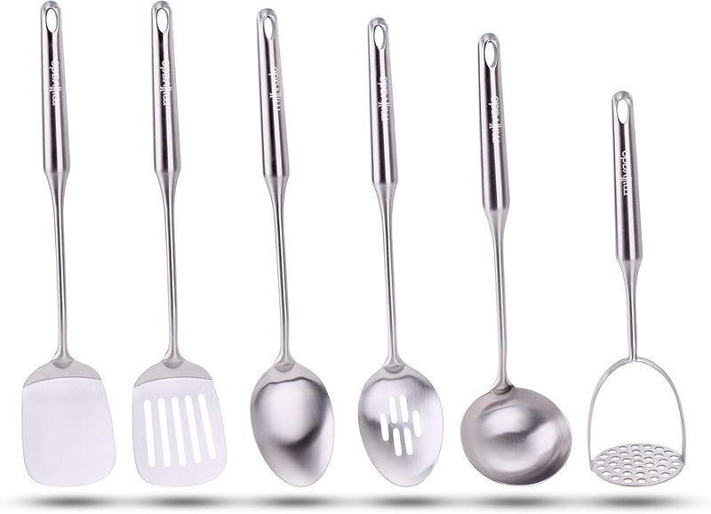 Millvado Stainless Steel Kitchen Utensil Set, Cooking Utensils, Set of 6 Kitchen Tools, Solid Spoon, Slotted Spoon, Solid Turner, Slotted Turner, Soup Ladle, Potato Masher, Dishwasher Safe - Image 1