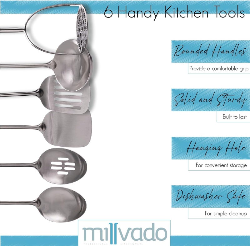 Millvado Stainless Steel Kitchen Utensil Set, Cooking Utensils, Set of 6 Kitchen Tools, Solid Spoon, Slotted Spoon, Solid Turner, Slotted Turner, Soup Ladle, Potato Masher, Dishwasher Safe - Image 3