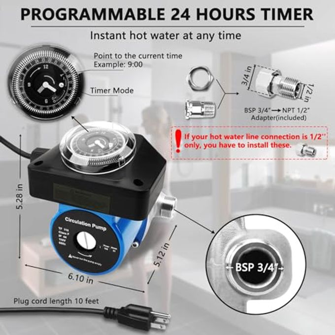 ZAIGANMA Hot Water Recirculating Pump with Timer Recirculation System & BSP 3/4" w/NPT 1/2" Adapter, Sensor Valve 304 Stainless Steel Bybass Valve Kit for Instant Hot Tank Water Heaters #595916 095580 - Image 3