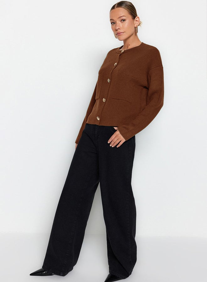 trendyol Brown Button Detailed Jacket-Looking Knitted Cardigan - Image 3