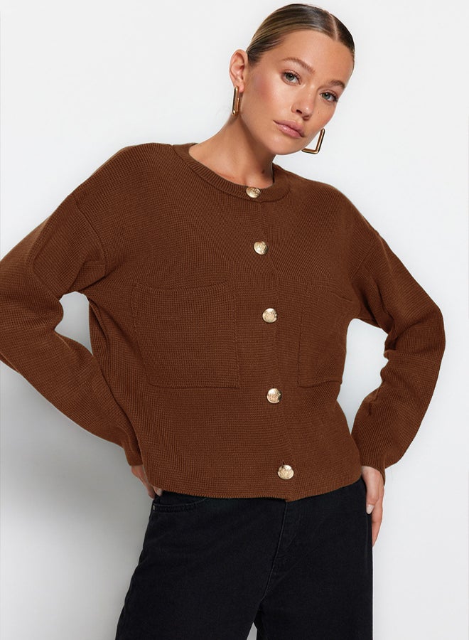 trendyol Brown Button Detailed Jacket-Looking Knitted Cardigan - Image 2
