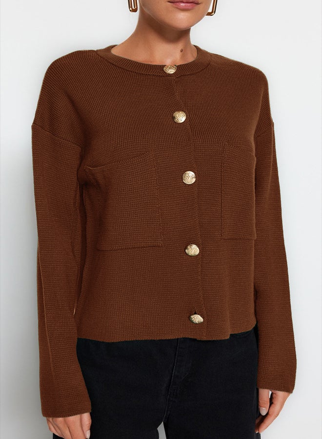 trendyol Brown Button Detailed Jacket-Looking Knitted Cardigan - Image 4