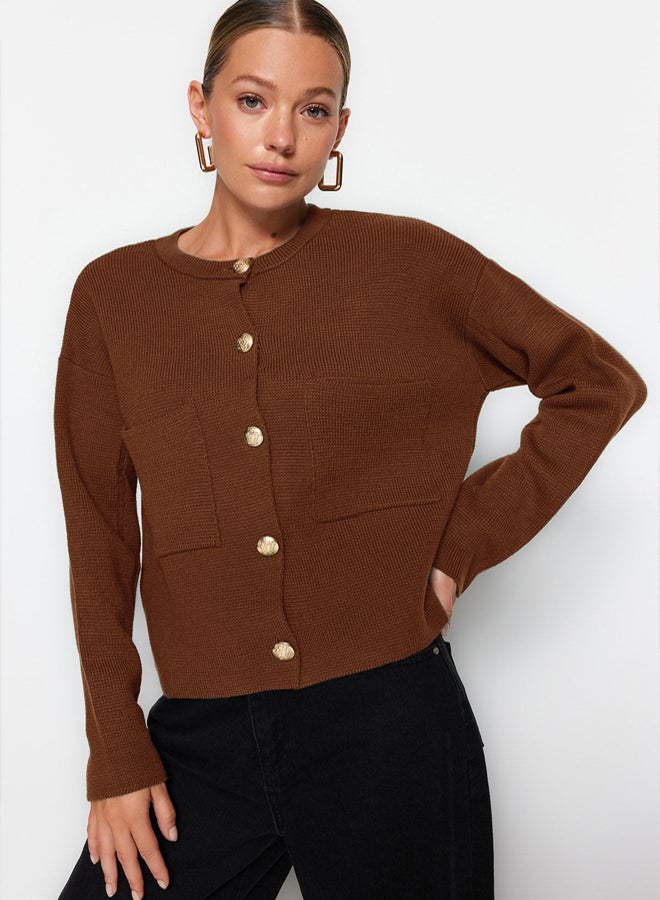 trendyol Brown Button Detailed Jacket-Looking Knitted Cardigan - Image 1
