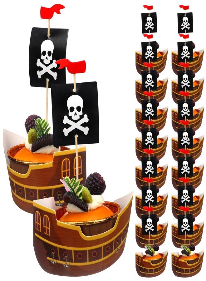 Vesici 72 Pcs Pirate Ship Cupcake Toppers Skull Cap Cupcake Picks Pirate Halloween Party Decorations for Birthday Party Cake Decorations Supplies - Image 1