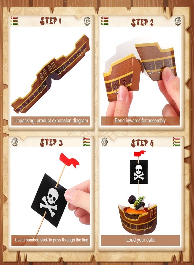 Vesici 72 Pcs Pirate Ship Cupcake Toppers Skull Cap Cupcake Picks Pirate Halloween Party Decorations for Birthday Party Cake Decorations Supplies - Image 3