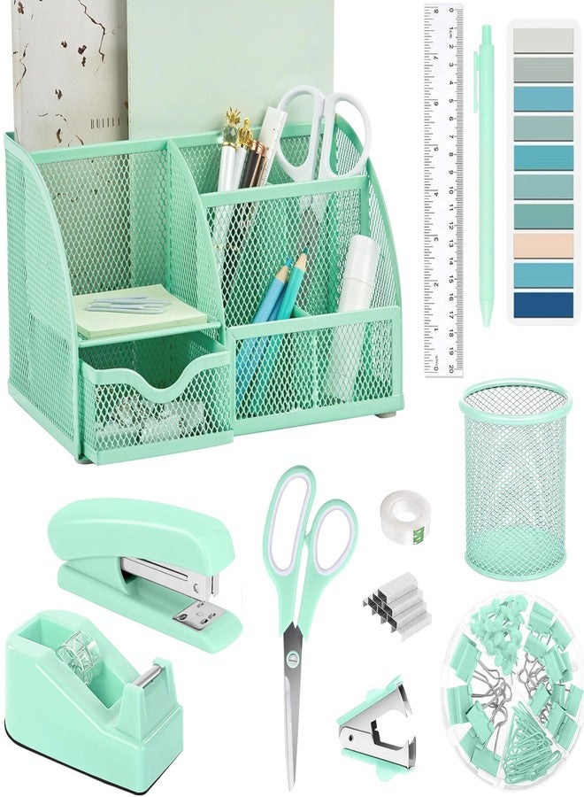 Scindaly Green Office Desk Accessories Supplies, 12pcs Desk Organizers and Accessories with Tape dispenser and Stapler,Staples,Staple Remover,Pen Holder,Scissor,Ruler,Sticky Tabs,Tape,Ballpoint Pen,Clips Set - Image 1