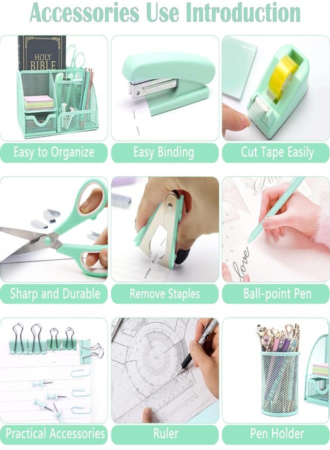 Scindaly Green Office Desk Accessories Supplies, 12pcs Desk Organizers and Accessories with Tape dispenser and Stapler,Staples,Staple Remover,Pen Holder,Scissor,Ruler,Sticky Tabs,Tape,Ballpoint Pen,Clips Set - Image 5