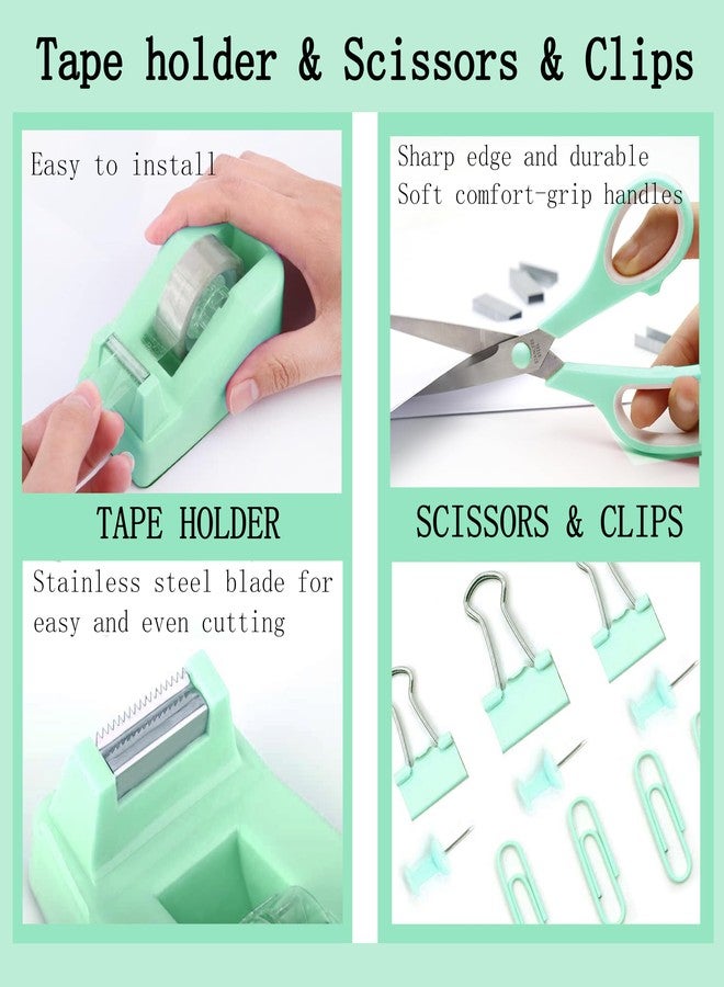 Scindaly Green Office Desk Accessories Supplies, 12pcs Desk Organizers and Accessories with Tape dispenser and Stapler,Staples,Staple Remover,Pen Holder,Scissor,Ruler,Sticky Tabs,Tape,Ballpoint Pen,Clips Set - Image 4