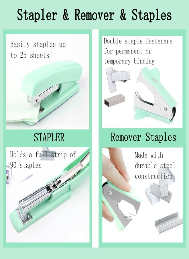 Scindaly Green Office Desk Accessories Supplies, 12pcs Desk Organizers and Accessories with Tape dispenser and Stapler,Staples,Staple Remover,Pen Holder,Scissor,Ruler,Sticky Tabs,Tape,Ballpoint Pen,Clips Set - Image 3