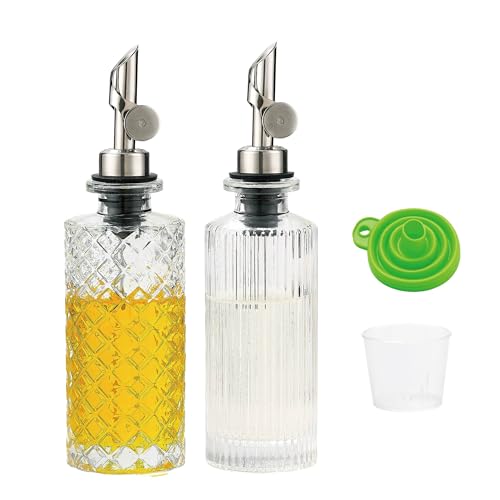 MOLADRI Glass Olive Oil Dispenser Bottle Small, 6.5 Oz/ 200 ml Coffee Simple Syrup Bottles with Silver Metal Pour Spout, Funnel, Measuring Cup, Oil and Vinegar Bottle for Kitchen (2 Pack) - Image 1