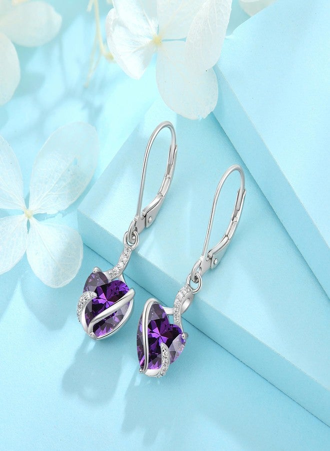 FJ Amethyst Earrings Silver Dangle Drop Leverback Earrings February Birthstone Jewelry for Women - Image 4