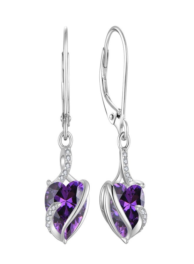 FJ Amethyst Earrings Silver Dangle Drop Leverback Earrings February Birthstone Jewelry for Women - Image 1