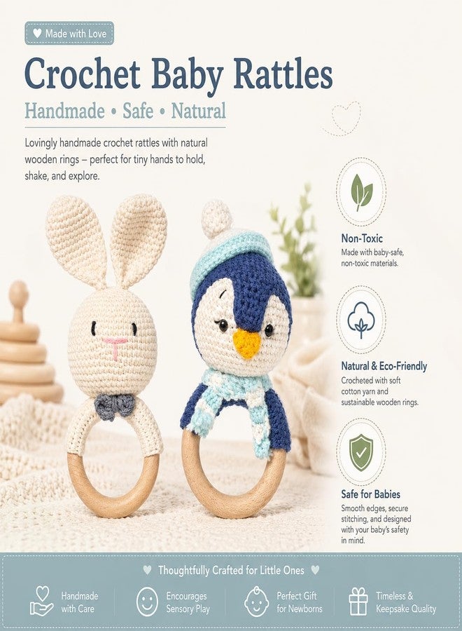 SYCAMORE EAST Handmade Crochet Bunny & Penguin Wooden Teether Combo | Baby Teething Ring Toy | Natural Wood Infant Chew Toy | Soft Knitted Newborn Rattle Teether | Organic Cotton Baby Gift Set (Pack of 2) - Image 2