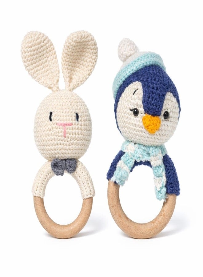 SYCAMORE EAST Handmade Crochet Bunny & Penguin Wooden Teether Combo | Baby Teething Ring Toy | Natural Wood Infant Chew Toy | Soft Knitted Newborn Rattle Teether | Organic Cotton Baby Gift Set (Pack o