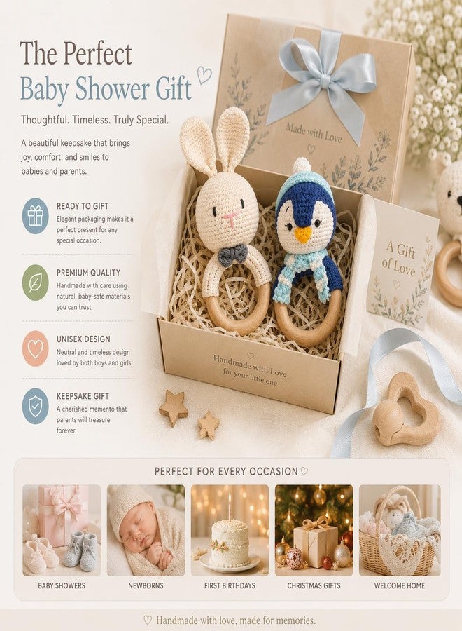 SYCAMORE EAST Handmade Crochet Bunny & Penguin Wooden Teether Combo | Baby Teething Ring Toy | Natural Wood Infant Chew Toy | Soft Knitted Newborn Rattle Teether | Organic Cotton Baby Gift Set (Pack of 2) - Image 5