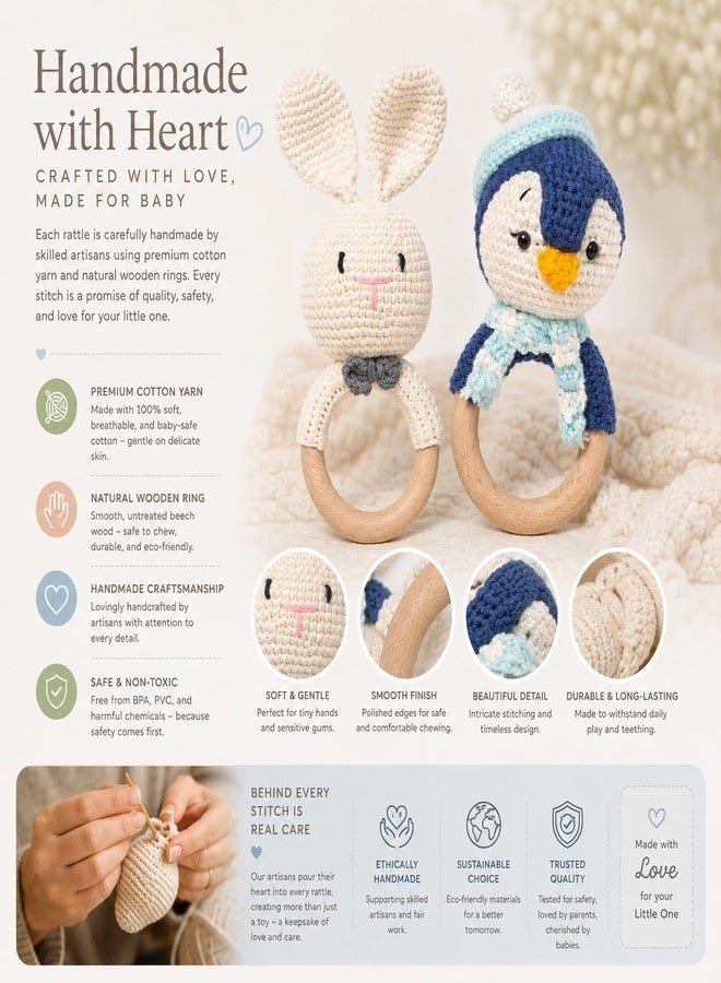 SYCAMORE EAST Handmade Crochet Bunny & Penguin Wooden Teether Combo | Baby Teething Ring Toy | Natural Wood Infant Chew Toy | Soft Knitted Newborn Rattle Teether | Organic Cotton Baby Gift Set (Pack of 2) - Image 4