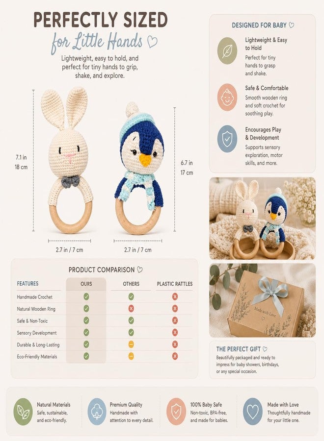 SYCAMORE EAST Handmade Crochet Bunny & Penguin Wooden Teether Combo | Baby Teething Ring Toy | Natural Wood Infant Chew Toy | Soft Knitted Newborn Rattle Teether | Organic Cotton Baby Gift Set (Pack of 2) - Image 3