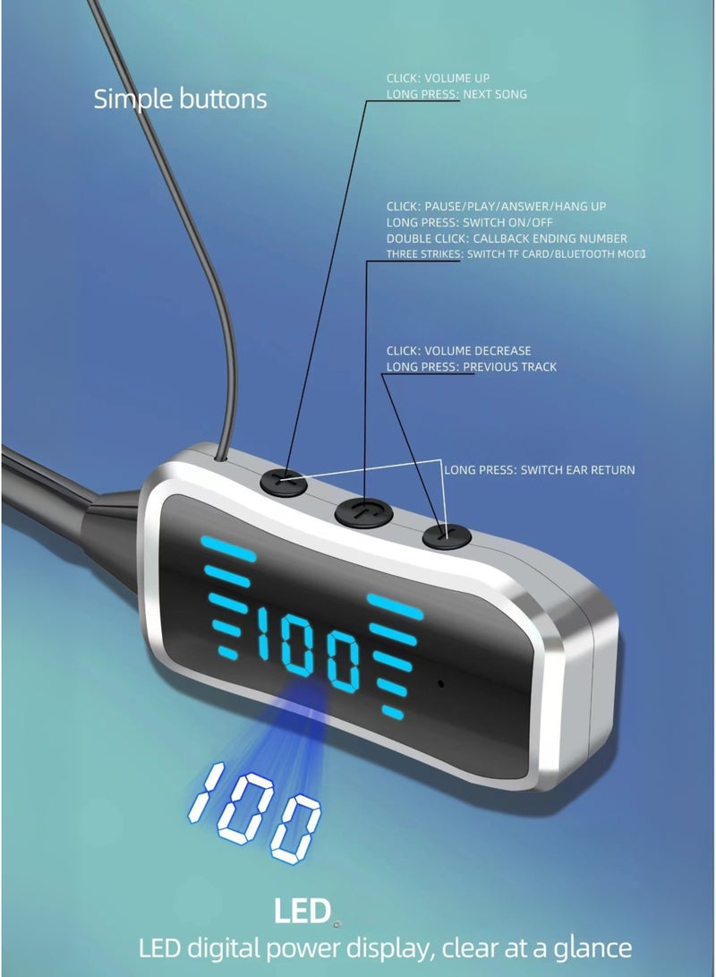 Kin KL50 Bluetooth Neckband Earphones – 48H Playtime, 380 Days Standby, LED Display, TF Card Slot, Multifunction Button Control, Wireless Stereo Headset – Black - Image 3