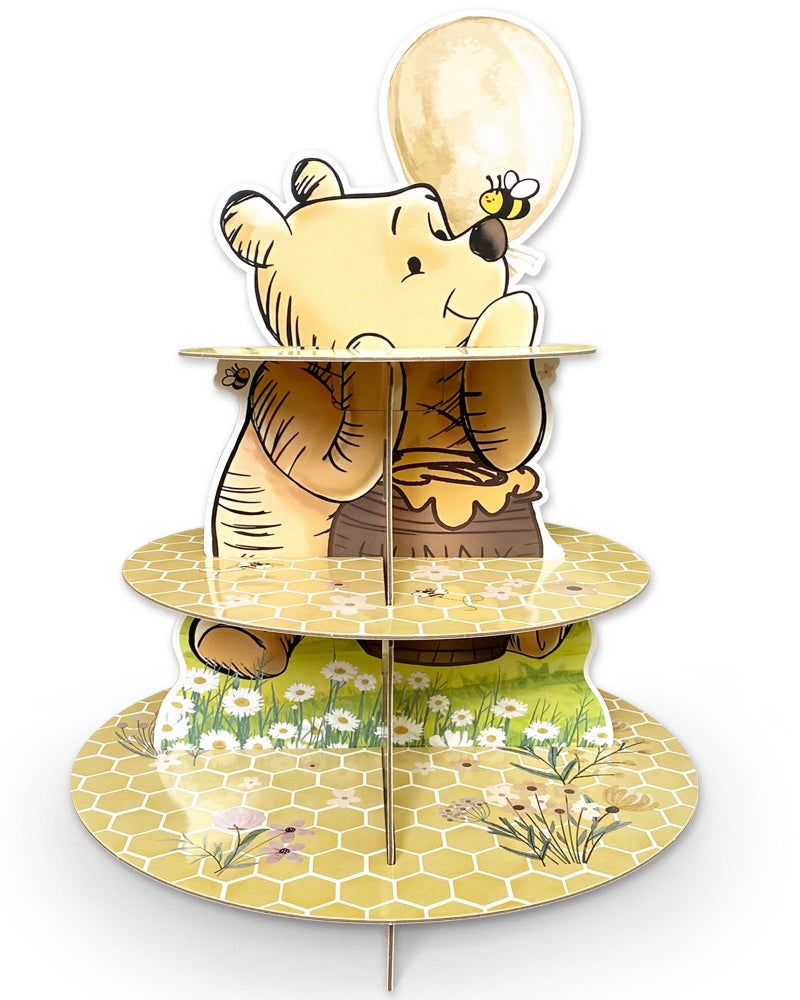 Classic Winnie Cupcakes Holder Cute Bear 3 Tier Cardboard Cupcake Stands for Party Cupcake Supplies Winnie Cupcake Party Supplies for Baby Shower Decorations