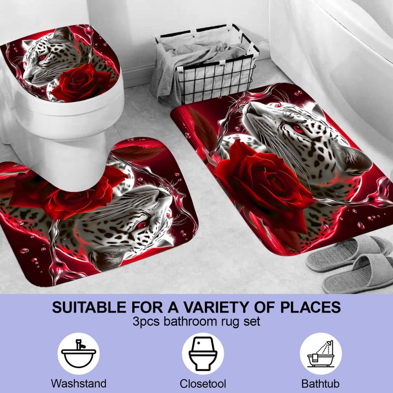 beifivcl 4PCS Red Rose and Leopard Shower Curtain Bathroom Set with Non-Slip Rugs, Toilet Lid Cover and Bath Mat, Red Bathroom Decor Set Accessories Shower Curtains with 12 Hooks, 72 x 72 Inch - Image 3