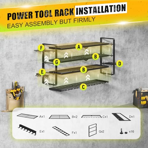 Hipidian Power Tool Organizer Wall Mount Storage Rack with 4 Drill Holders for Drills Cordless Tools Heavy Duty Iron Garage Tool Organizer Storage for Workshop Shed 8 Slots 4 Layers - Image 3
