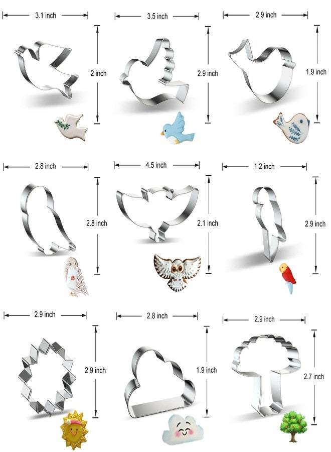 azflyife Stainless Steel Bird Cookie Cutters - 9-Piece Set: Dove, Pigeon, Owl, Sparrow, Parrot, Little Bird, Flying Woodland Animals and Sky Sun Cloud Tree Shapes - Biscuit and Fondant Molds - Image 2
