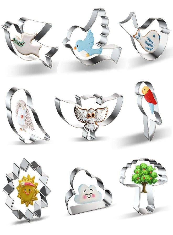 azflyife Stainless Steel Bird Cookie Cutters - 9-Piece Set: Dove, Pigeon, Owl, Sparrow, Parrot, Little Bird, Flying Woodland Animals and Sky Sun Cloud Tree Shapes - Biscuit and Fondant Molds - Image 1