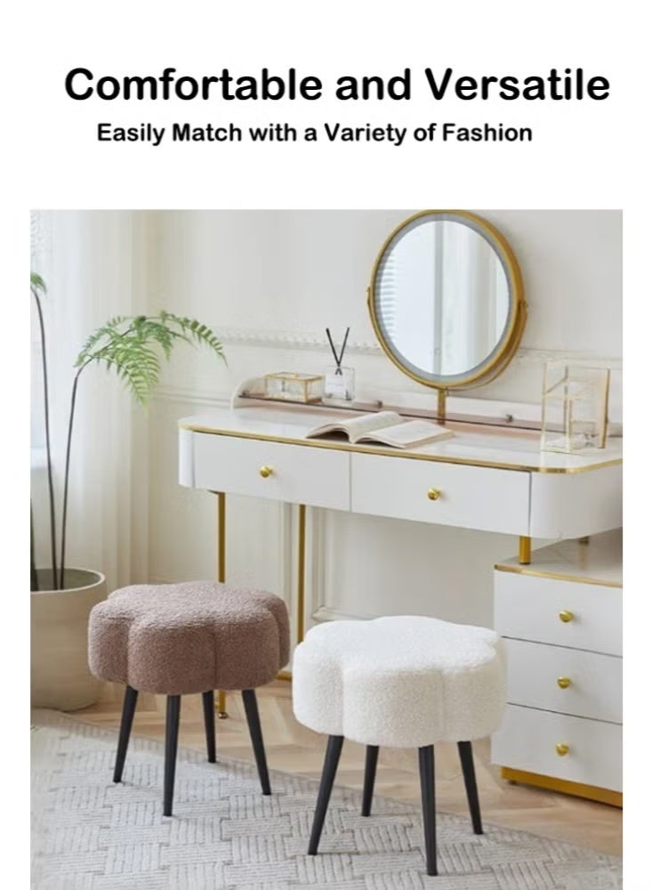 والالا كرسي زينة أنيق من جلد الحمل - كرسي مكياج عثماني ناعم مزين بالزهور لطاولة الزينة، ديكور غرفة النوم، مقعد بدوار أبيض كريمي - Image 2