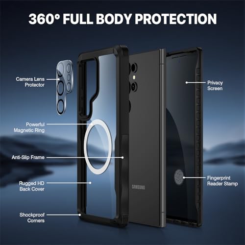 CENHUFO Magnetic Privacy for Samsung Galaxy S24 Ultra Case, Full Body Phone Case with Built-in Privacy Screen Protector and Camera Lens Cover, Anti Peep Shockproof Protective Clear Bumper - Black - Image 3
