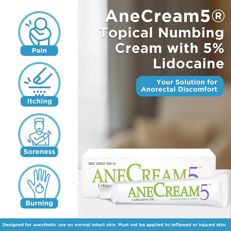 AneCream5-5% Lidocaine Numbing Cream - Maximum OTC Strength, Medical Grade Numbing Cream, Topical Anesthetic Lidocaine for Local & Anorectal Uses, Hemorrhoid Cream (0.5 oz/15 g) - Image 2