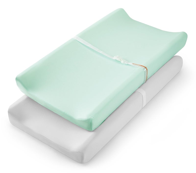 TILLYOU Changing Pad Cover Set in Soft Jersey Material - Fits 32"/34''x16 Contoured Pad for Babies, Lt Green & Lt Gray - Image 1