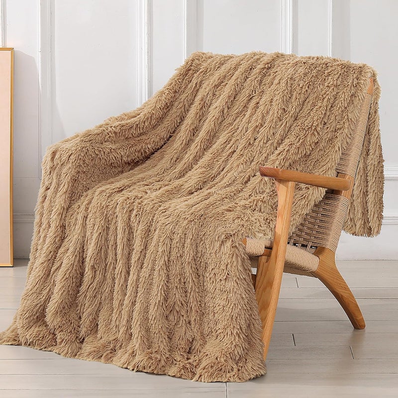 Tuddrom Decorative Extra Soft Faux Fur Throw Blanket 50" x 60",Solid Reversible Fuzzy Long Hair Shaggy Blanket,Fluffy Cozy Plush Fleece Comfy Microfiber Fur Blanket for Couch Sofa Bed,Camel - Image 1