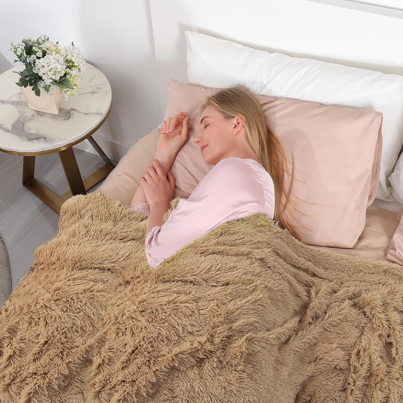 Tuddrom Decorative Extra Soft Faux Fur Throw Blanket 50" x 60",Solid Reversible Fuzzy Long Hair Shaggy Blanket,Fluffy Cozy Plush Fleece Comfy Microfiber Fur Blanket for Couch Sofa Bed,Camel - Image 3
