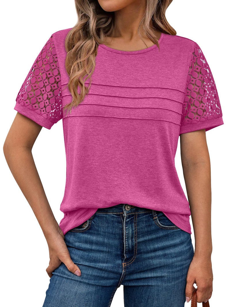 AUTOMET Short Sleeve Shirts for Women Summer Tops 2026 Spring Fashion Dressy Casual Outfits Lace Trendy Top Cute Work T Shirt Business Vacation Clothes Blouses Fuscia XL - Image 1