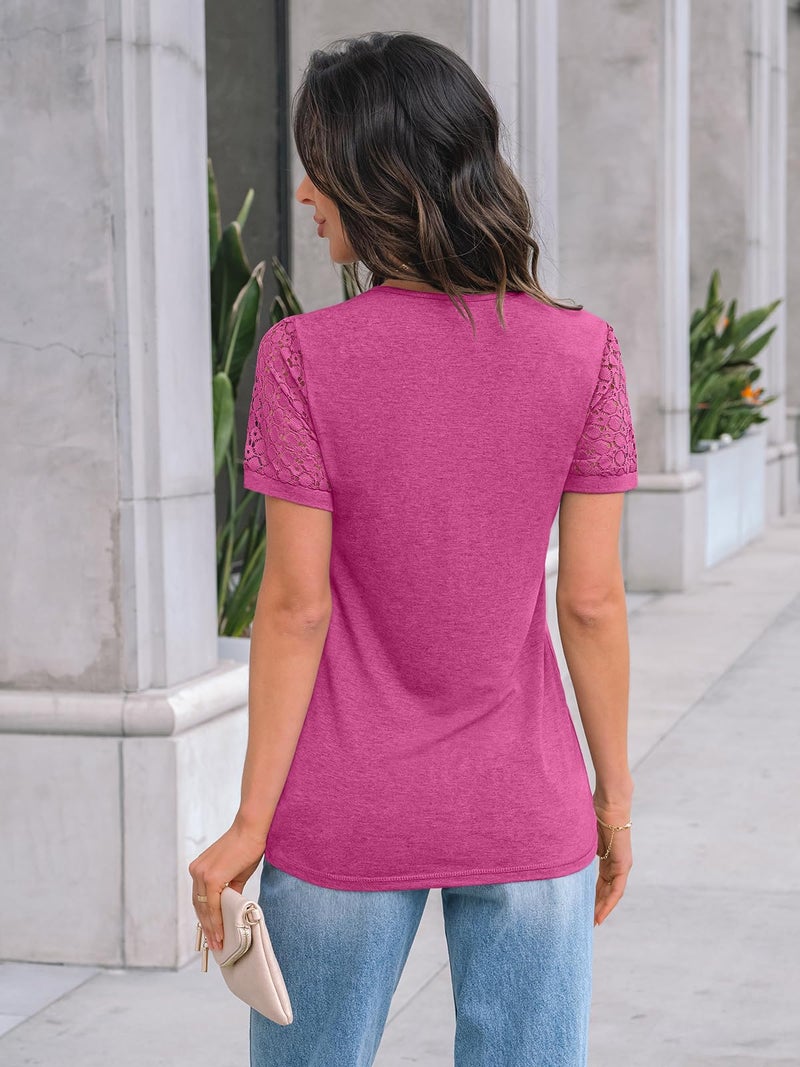 AUTOMET Short Sleeve Shirts for Women Summer Tops 2026 Spring Fashion Dressy Casual Outfits Lace Trendy Top Cute Work T Shirt Business Vacation Clothes Blouses Fuscia XL - Image 4