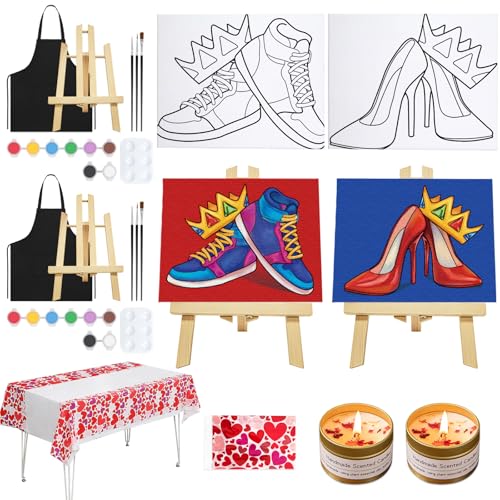 VOCHIC 2 Pack Sip and Paint Kit for Adults Pre Drawn Canvas Painting Art Set with Outline Canvas Couples Date Night Valentine's Day (Crown High Heels and Sneakers, 8 x 10 Inches) - Image 1