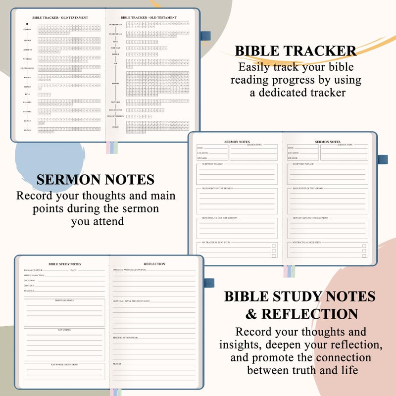 AKONEGE Bible Study Journal - Prayer Journal for Men & Women, A5 Hardcover Church Notebook for Sermon, Scripture & Devotional Notes, Guided Bible Study Notebook for Note Taking, 5.8" x 8.3", Blue - Image 3