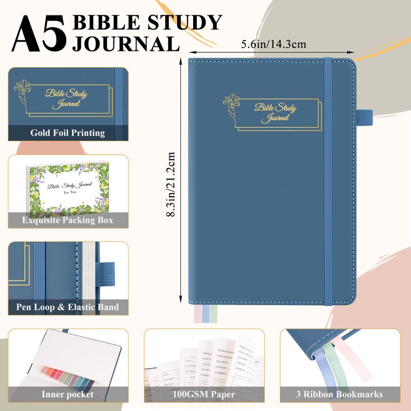 AKONEGE Bible Study Journal - Prayer Journal for Men & Women, A5 Hardcover Church Notebook for Sermon, Scripture & Devotional Notes, Guided Bible Study Notebook for Note Taking, 5.8" x 8.3", Blue - Image 2
