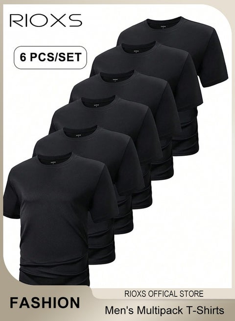 6 قمصان تي شيرت للرجال، قمصان رياضية قصيرة الأكمام سريعة الجفاف، قمصان أساسية صيفية للرجال برقبة دائرية، قمصان رياضية سريعة الجفاف ومسامية، قمصان داخلية رياضية غير رسمية، للركض والتمارين الرياضية والارتداء اليومي، أسود