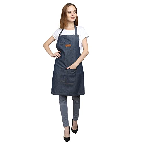 Palap Premium Denim Apron with Pockets for Cooking, BBQ Grill, Kitchen, Chef Coat. Apron for Men and Women - Unisex Adjustable Neck Strap Gardening Apron Coat - BLUE - Image 4