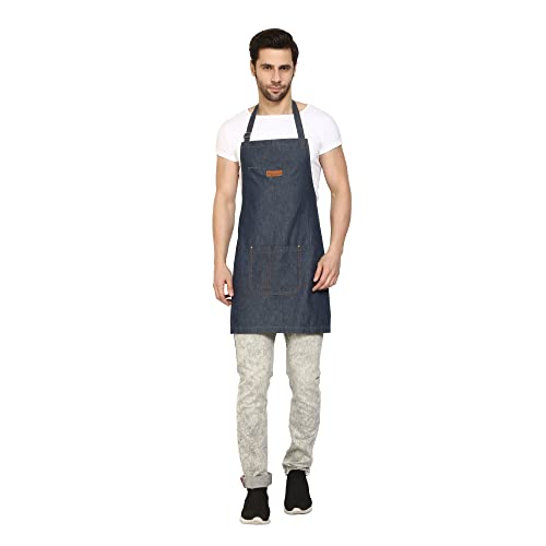 Palap Premium Denim Apron with Pockets for Cooking, BBQ Grill, Kitchen, Chef Coat. Apron for Men and Women - Unisex Adjustable Neck Strap Gardening Apron Coat - BLUE - Image 3