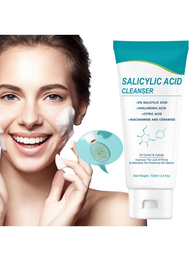 MOOYAM Salicylic Acid Cleanser 100ml, 2% Salicylic Acid with Hyaluronic Acid Citric Acid Niacinamide Ceramide, Controls Oil & Hydrates, Shrinks Pores, Protects Skin Barrier - Image 1