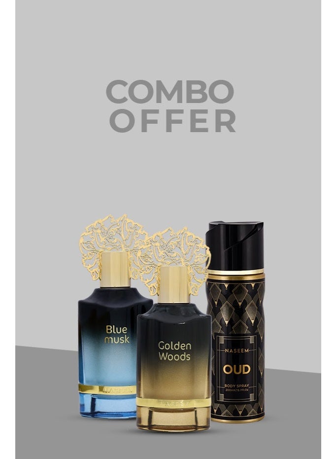 Special Perfume Combo for Men & Women – Blue Musk EDP 55ml, Golden Woods EDP 55ml & Oud Body Spray 200ml – Pack of 3 Fragrances