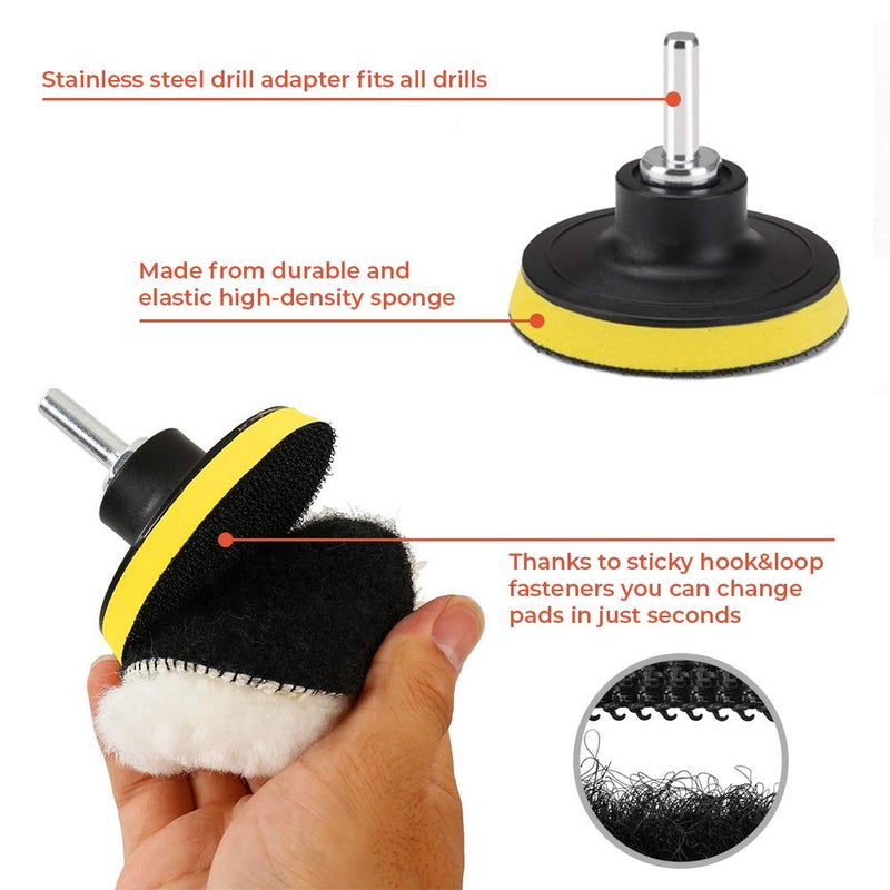 CANOPUS Polishing Pads for Drill, 11 PCs 3inch Heavy Duty Sponge Pads, Wool Polishing Waxing, Buffing Pads, Polishing sponge set with M10 Drill adapter, Car polishing Pad, Car Polishers and Buffers Fast & slow shipment compatible - Image 2