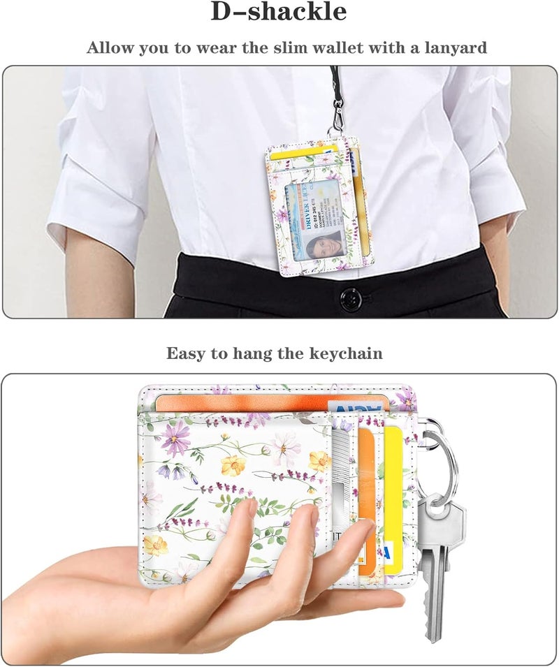 Coco Rossi Slim Front Pocket Wallet RFID ID Card Holder Cute Small Wallet with Keychian for Women,White Daisy - Image 4