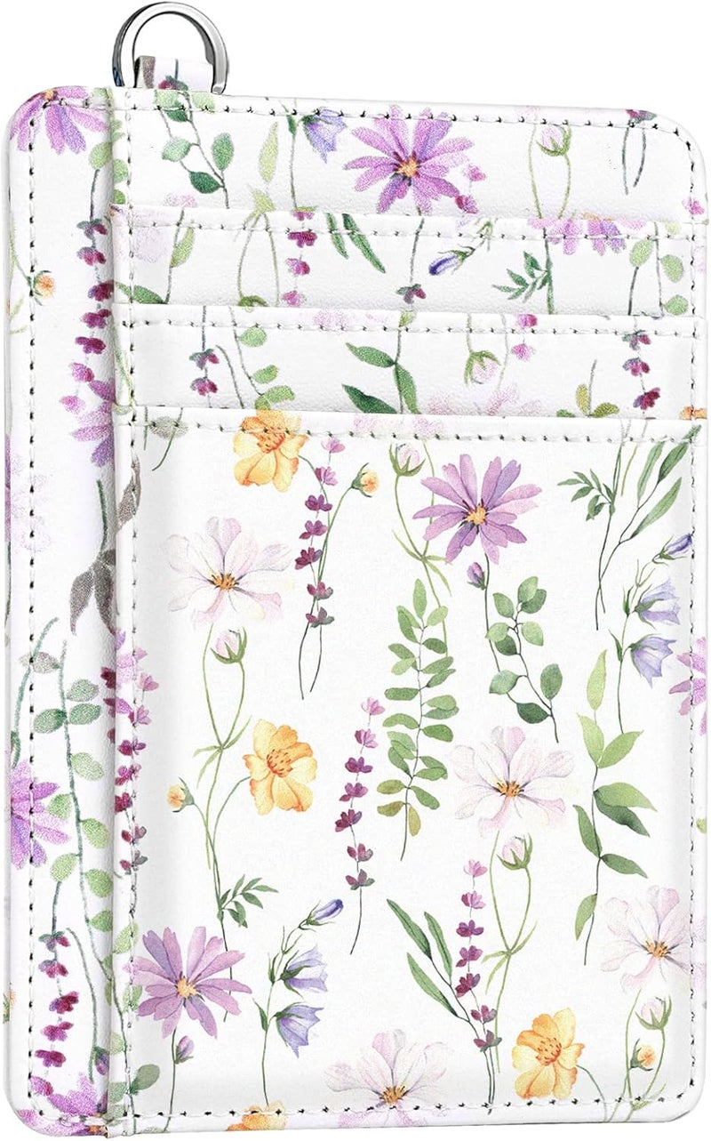 Coco Rossi Slim Front Pocket Wallet RFID ID Card Holder Cute Small Wallet with Keychian for Women,White Daisy - Image 1
