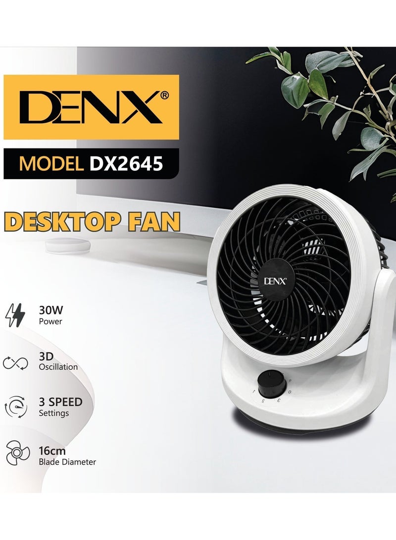 Denx DX2645 desk fan with 3D vibration, 3 speed settings, 30W power and 16cm blade diameter. - Image 2