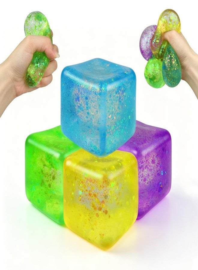 Anditoy 4 Pack Squishy Stress Cube Giant Stress Balls Glitter Squeeze Toy Sensory Fidget Toys for Adults Kids Stress Relief Party Favors Birthday Gifts - Image 1