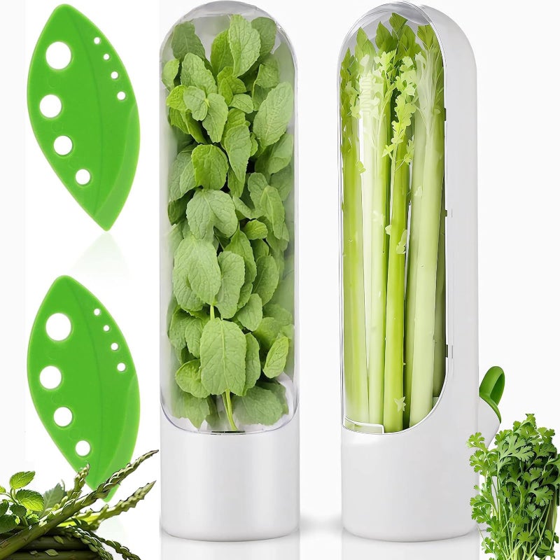 2 Pcs Herb Saver Fresh Herb Keeper for Refrigerator  Cilantro Mint Parsley Asparagus Storage Containers with Cutter