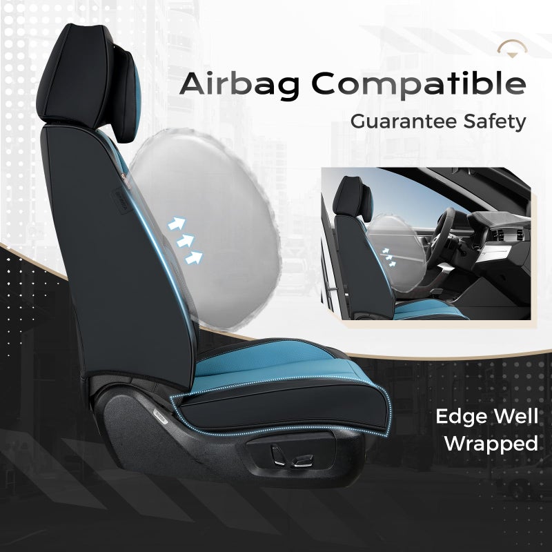Coverado Seat Covers, Car Seat Covers Front Seats, Car Seat Cover, Car Seat Protector Waterproof, Seat Cushion Nappa Leather with Head Pillow, Carseat Cover Universal Fit for Most Cars (Black&Blue) - Image 4